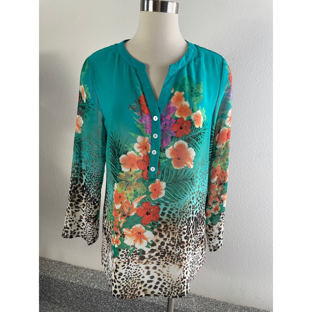 Soft Surroundings Womens Medium Teal Blue Silk Blend Split Neck Tunic Blouse Top